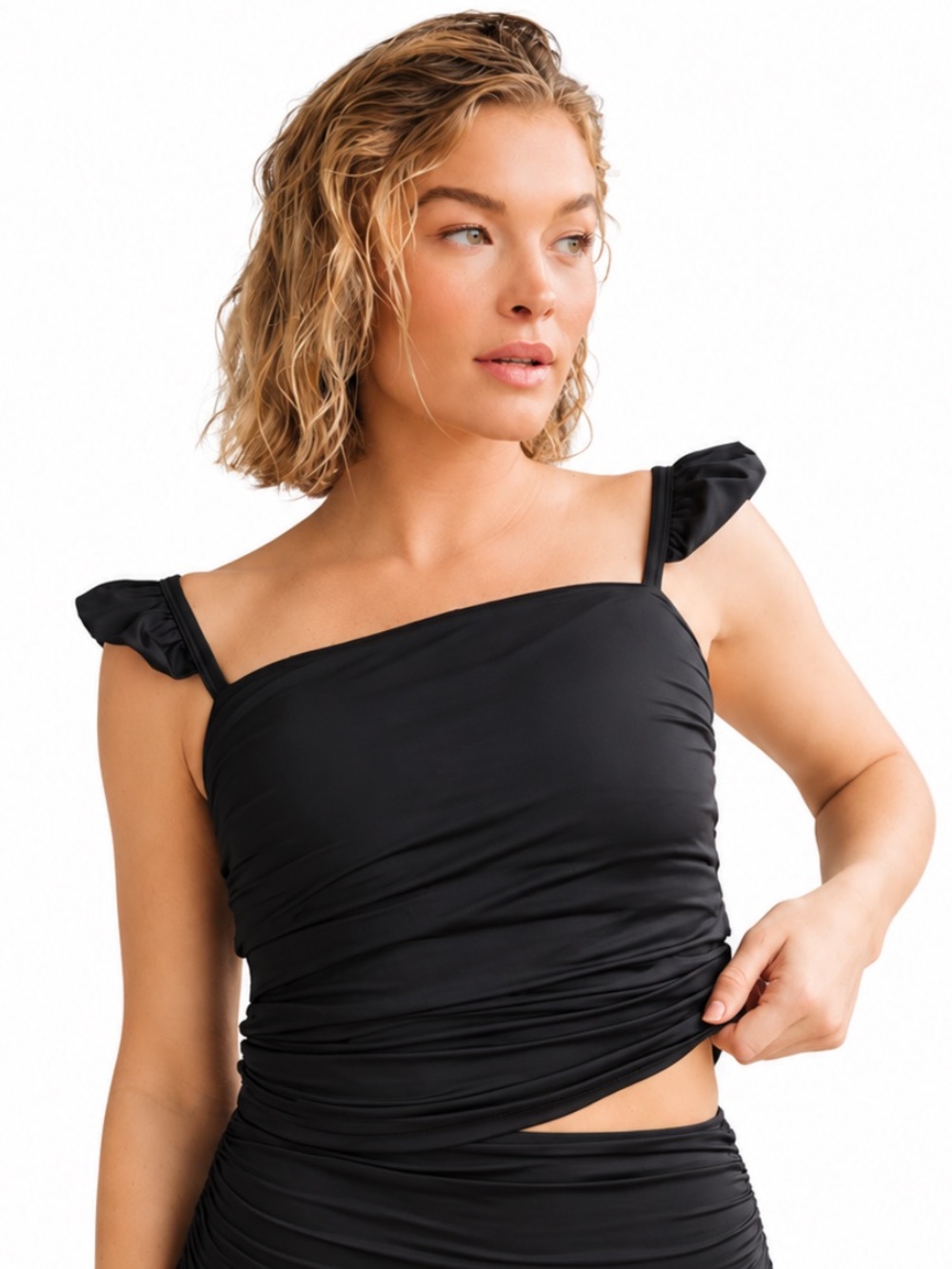 NWT! Albion Fit Bella Tankini Top Black Ruffle Strap Swim Top Size XXL